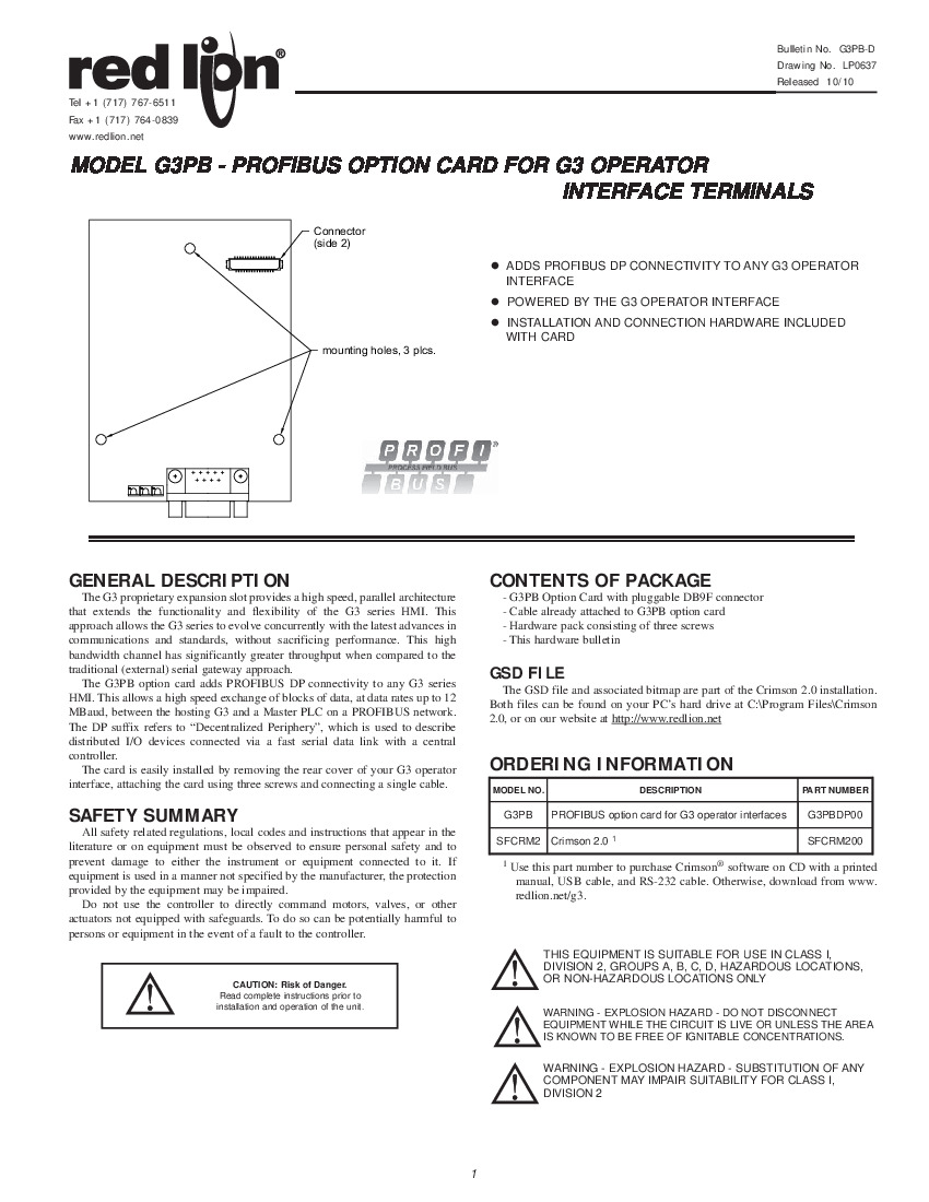 First Page Image of G3PBDP00 Red Lion G3PB Profibus Option Card Manual G3PB-D.pdf